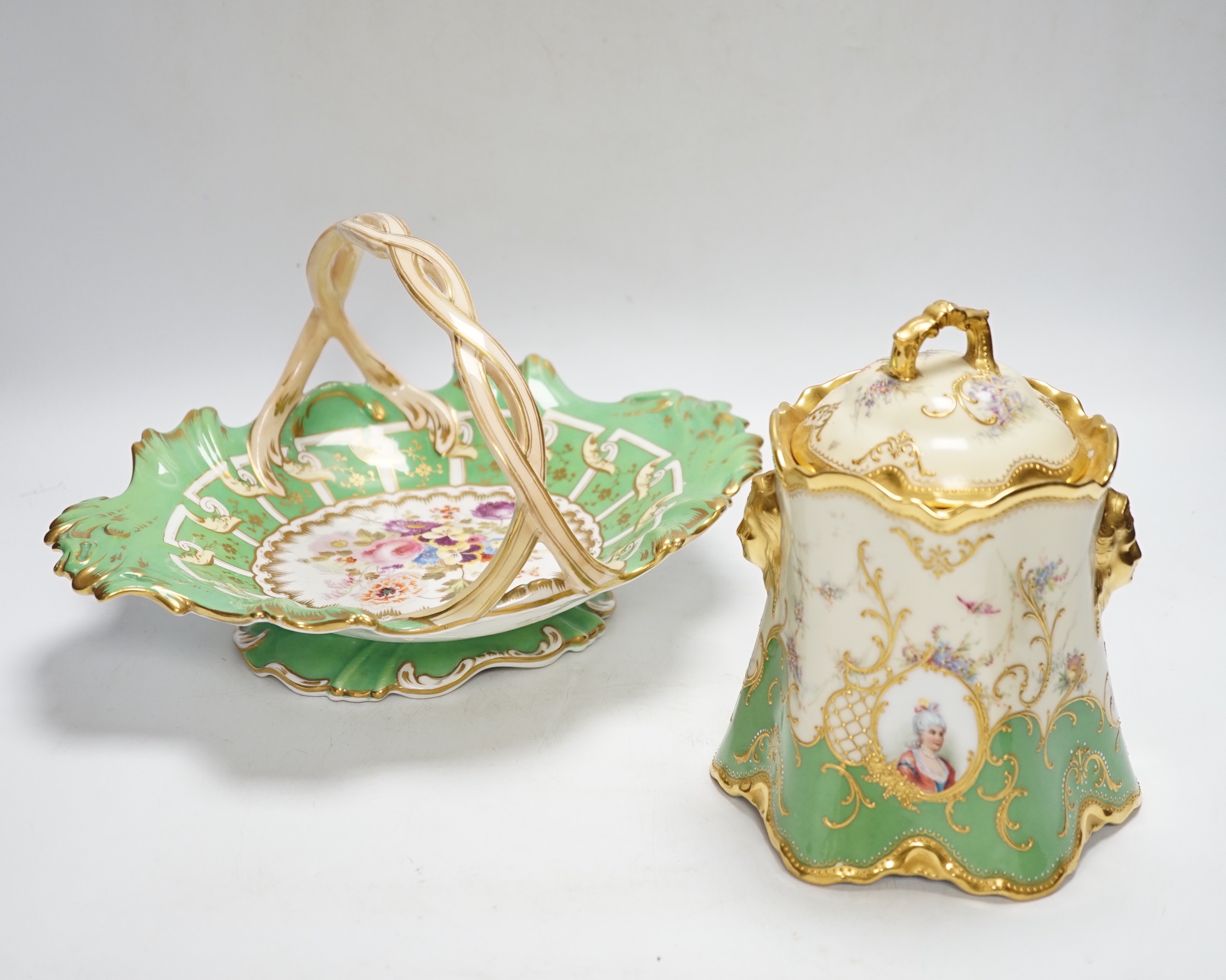 A Dresden jar and cover and a Victorian porcelain basket, tallest 18cm